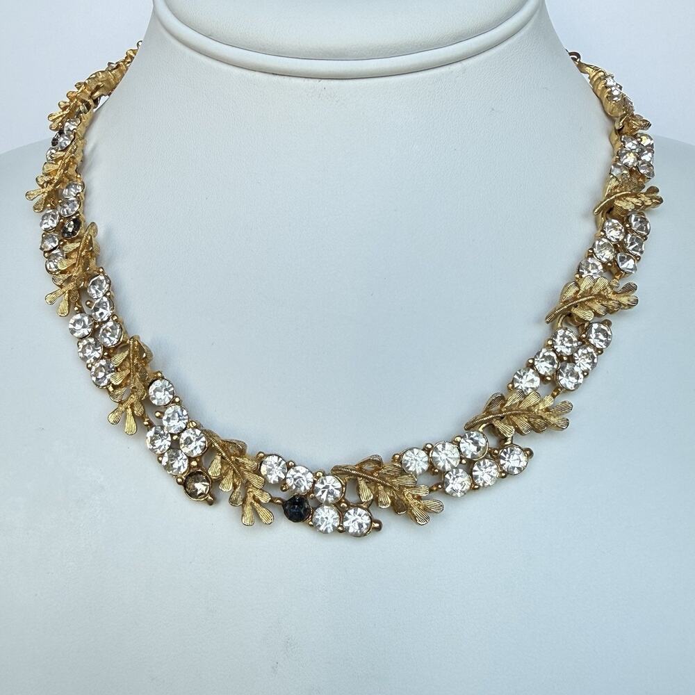Vintage Signed BSK Rhinestone Oak Leaf Collar Necklace Gold Tone AS IS Repair